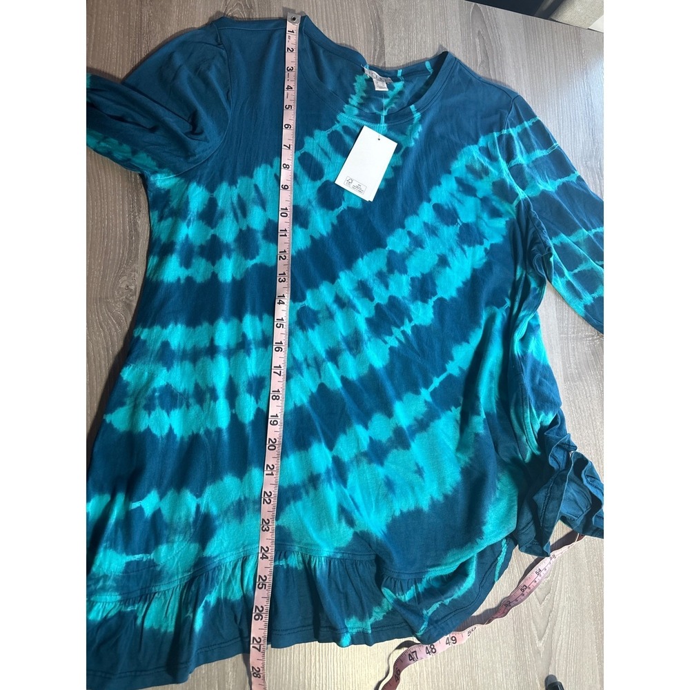 NWT LOGO Lori Goldstein L Tie Dye Tunic Top Blue Teal Ruffle Hem Pockets - Picture 7 of 7
